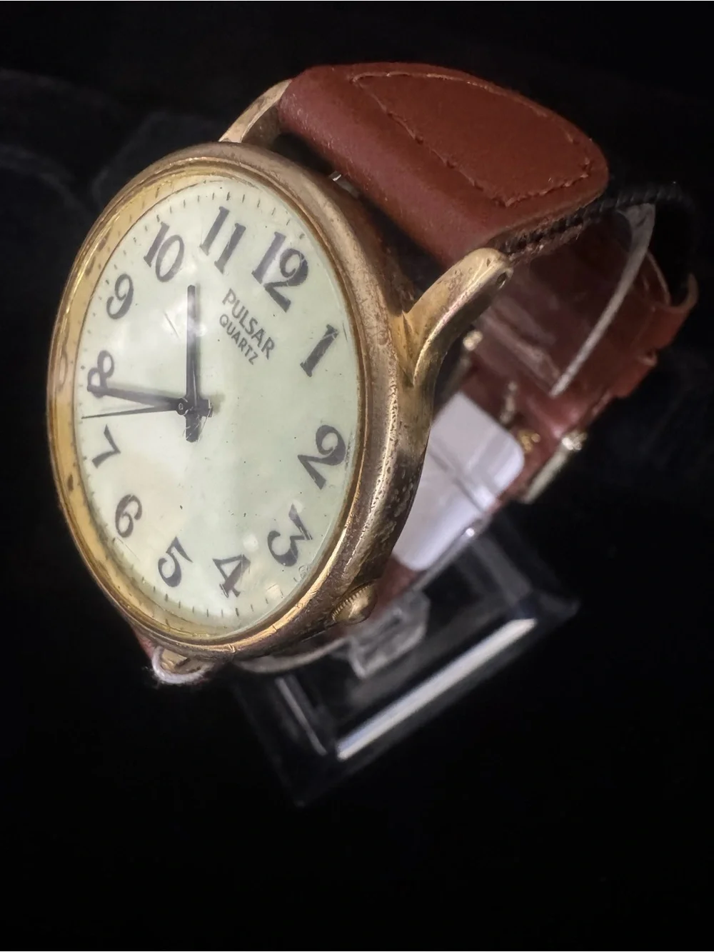 Pulsar Gold-Tone Case Watch with Brown Leather Strap and White Dial
